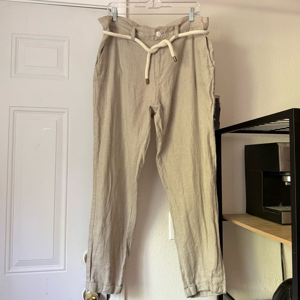 Vktrblak Beige Tan Linen Rope Belt Slim Tapered Straight Cropped Pants